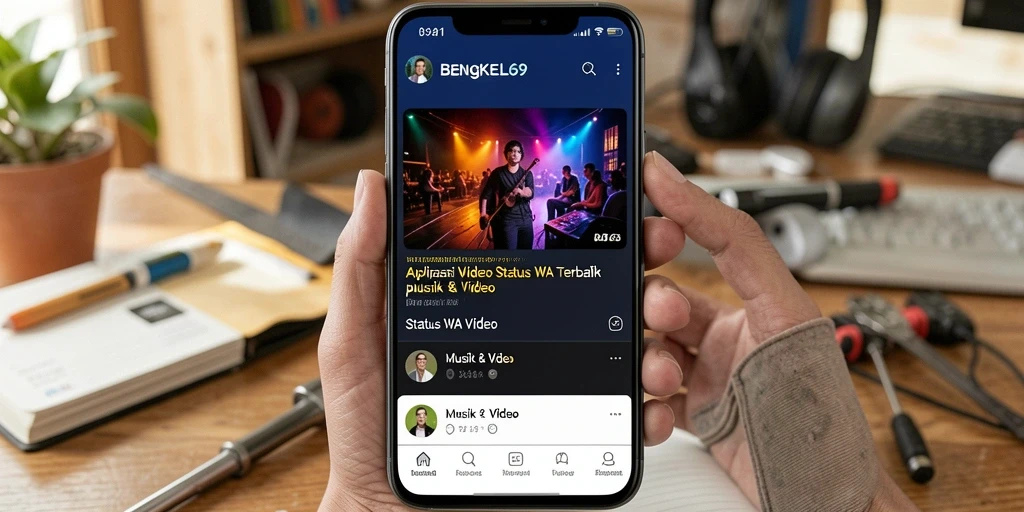 Tampilan antarmuka pengguna aplikasi BENGKEL69 untuk video Status WA.