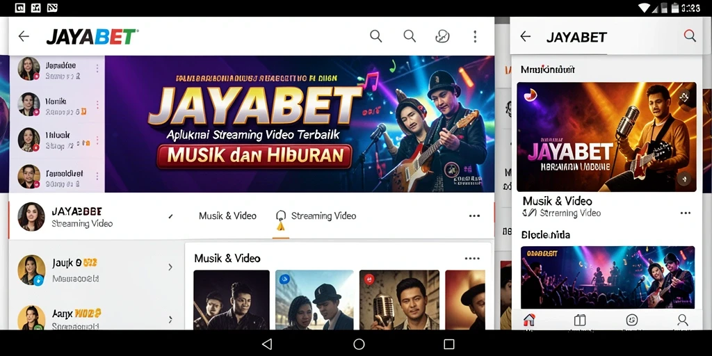Antarmuka aplikasi JAYABET dengan konten musik dan video berkualitas.