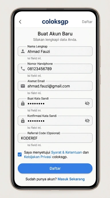 Tampilan halaman daftar coloksgp